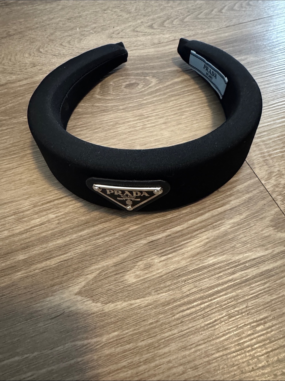 Prada Black Padded Headband with Silver Triangle Logo